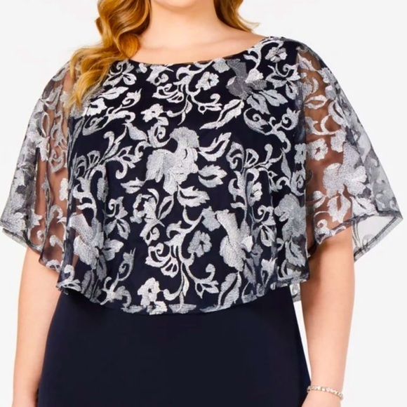 Formal Dress Plus Sz 14 14W 16W 18W 20W Connected Navy Maxi Floral Overlay Cape - Picture 3 of 8